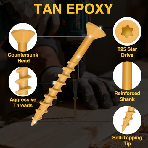 #8 x 1-1/2" Flat Head Wood Screws with Tan Epoxy-Coating, T20 Torx, 500pcs