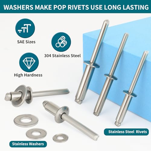 SATANTECH 450Pcs 304 Stainless Steel Pop Rivets with Washers Assortment Kit,1/8" 3/16" 1/4" Assorted Blind Rivets 8 SAE Sizes,DIY/Home/Automotive Repairs