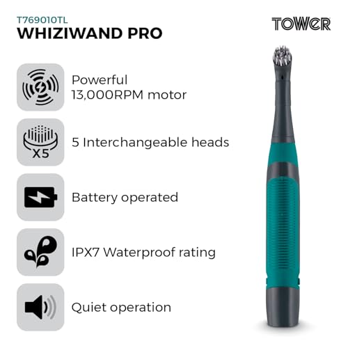 Tower Whiziwand Pro Electric Cleaning Brush, 13000RPM Motor, 5 Interchangeable Heads, Cordless Design, Waterproof (IPX7), Quiet Operation, Anthracite & Teal, T769010TL