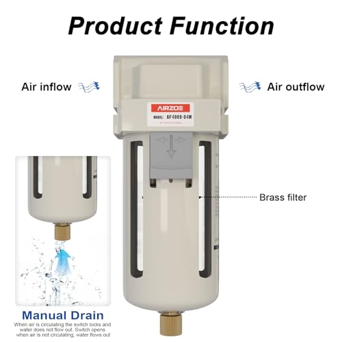 AIRZOE 1/2" NPT Air Dryer and Air Filter Regulator Lubricator Combination-5 Micron Brass Element,0-150 PSI Brass Gauge,AF4000-04,AC4010-04