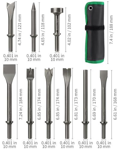 9pcs Air Hammer Chisel Set, 0.401" Pneumatic Hammer Bits with Canvas Pouch