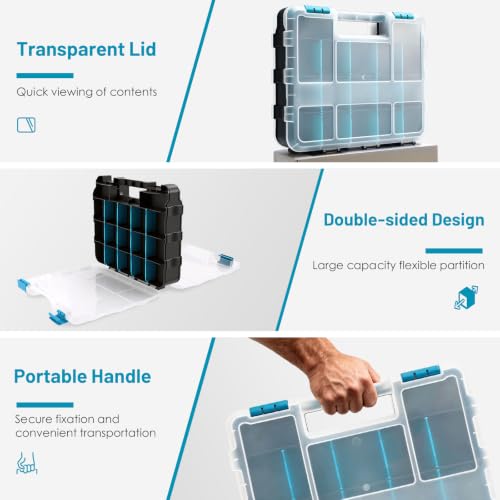 Tool Box with 34 Compartments, Double Sided Hardware Organizers Toolbox Blue 2 Pack