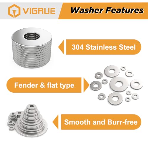VIGRUE 300PCS Flat and Fender Washers Assortment Kit, 18-8 (304) Stainless Steel Flat Washers, 15 Assorted Sizes Metric Washers M3 M4 M5 M6 M8 M10 M12 for Screws and Bolts