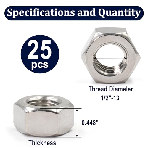 ZQZ 130 Pack 1/4"-20 Hex Nuts + ZQZ 25 Pack 1/2"-13 Hex Nuts, 304 (A2-70) Stainless Steel Hardware Nuts, Standard Inch Coarse Thread Nuts