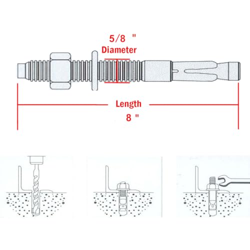 5/8" X 8" Concrete Anchor, 304 Stainless Wedge Anchor with Excellent Anti-Rust Performance, 304(18-8) Stainless Steel Concrete Anchors and Screws Kit (5pcs) 5/8" X 8"