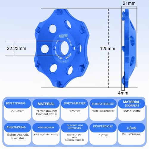 PCD PCD Diamond Cup Wheel 125mm Diamond Cup Wheel Grinding Wheel | Cup Grinder for Angle Grinder, Diamond Grinder for Tile Adhesive Coatings, Angle Grinder Grinding Pot, 6 Segments