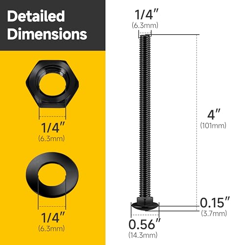 Mywish M6 x 20mm 20Pcs Flat Head Hex Socket Cap Screws Bolts, (14 Sets) 1/4-20 x 4 Carriage Bolts Screws Round Head Square Neck and Hex Nuts & Flat Washers Full Threaded 304 Stainless Steel Black Oxid