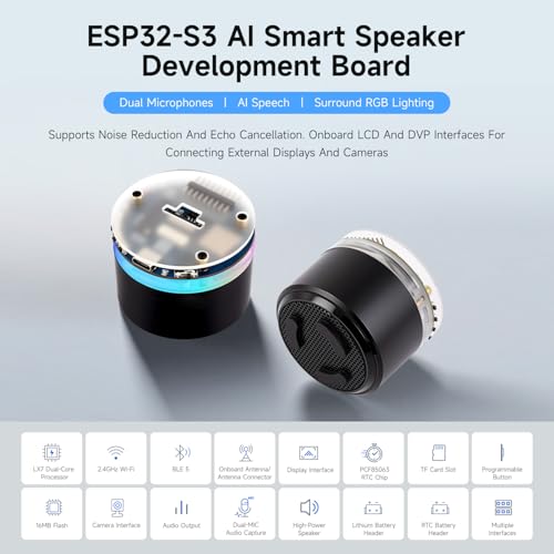 Waveshare ESP32-S3 AI Smart Speaker Development Board, Dual Microphones, Noise Reduction, RGB Lighting, External Display & Camera Support