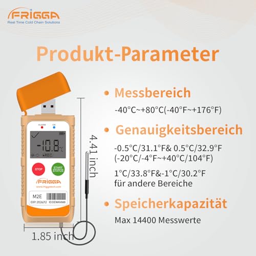 Frigga M2E Multipurpose Temperature Data Logger with External Sensor USB Digital Temperature Pen 14400 Points High Accuracy PDF CSV Report 1 pack.
