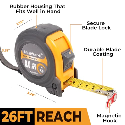 MulWark 4 Pack Metric Tape Measure, Easy Read Measuring Tape Retractable with Fractions 1/8, Both-Side Metal Blade, Magnetic Hook & Shockproof Case for Construction, Carpenter, Architect, Woodworking 26 ft Yellow-Grey