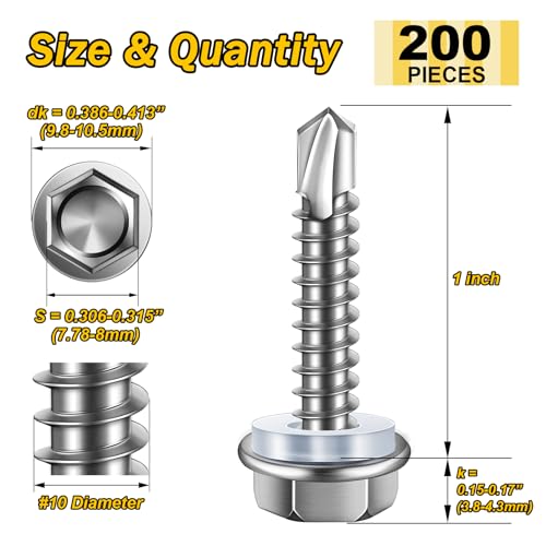 Mywish 200pcs #10×1" Self Tapping Screws for Metal & 300Pcs #8 x 1 Flat Head Sheet Metal Screws, 410 Stainless Steel, Sheet Metal Screws, Hex Washer Head Self Drilling Screws, High-Strength Quick Tapp