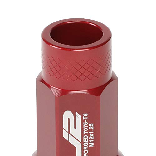 J2 Engineering 7075 Aluminum M12 x 1.25 20 Pcs 50mm Open End Lug Nut Set w/Adapter Red fit Vehicles with 4 or 5 Lug M12x1.25 Threads