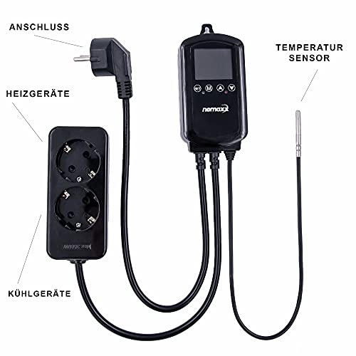 NEMAXX NTP16 Socket Thermostat 230 V (3000 W/16 A) with NTC Sensor 2 m, Heating/Cooling Mode, Weekly Program, 2 Sockets