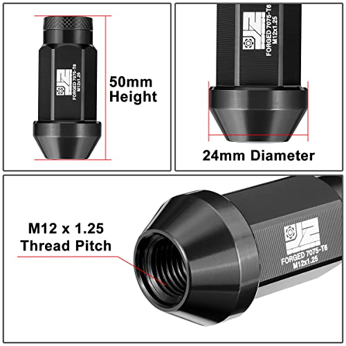 J2 Engineering J2-LN-T7-037-125-BK M12 x 1.25 T6-7075 Aluminum 50mm Closed End Lug Nuts w/Deep Drive Extension Adapter,Black, 24mm x 50mm