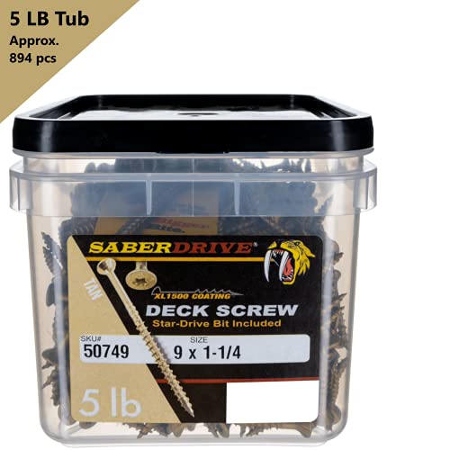 Tan XL1500 Coated Exterior Star Drive Multi-Purpose Deck Screws, 5lb, Approx. 894 Pieces - #9 x 1-1/4" Screws with Protective Coating, Decking Screws for Construction, Repair #9 x 1-1/4" 5lb 5 LB