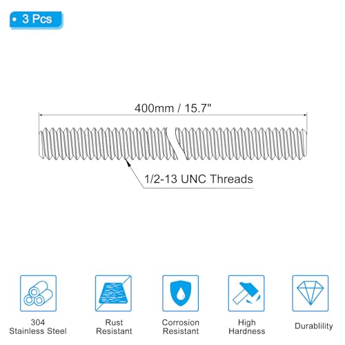 PATIKIL 1/2"-13 UNC 304 Stainless Steel Fully Threaded Rod, 3Pcs 15.7" Length Long Threaded Screw Right Hand Threads All Threaded Rod Studs for Anchoring Bolt, Clamps, Hangers and U-Bolts 1/2"-13 x 15.7" 3