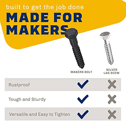 1/2" x 3”, 25-Piece Black Lag Bolts, Rustproof 4-Layer Ceramic BLAKOTE, 2X Protection of Galvanized Lag Screws, for Decks Pergolas by Makers Bolt 1/2 x 3