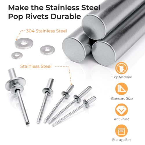 INCLY 720Pcs 304 Stainless Steel Rivets with Washer Assortment Kit Silver