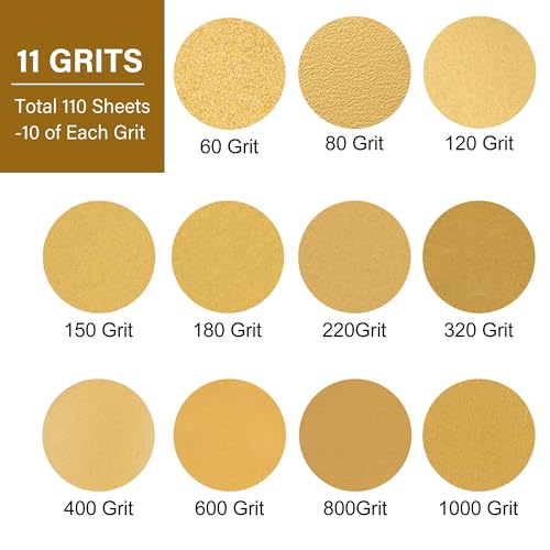 LotFancy 110 PCS 5 Inch 8 Hole Sanding Disc, 60 80 120 150 180 220 320 400 600 800 1000 Grit Aluminum Oxide Sandpaper Assortment, Sand Paper for Wood, Plastic, Rust Removal, Random Orbital Sander Pads 110PCS Assorted Grit
