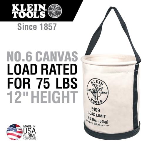 Klein Tools 5109 Canvas Bucket, Wide-Opening Straight-Wall Tool Bucket is Made of No. 6 Canvas with Black Molded Bottom, 75-Pound Load Rated Standard