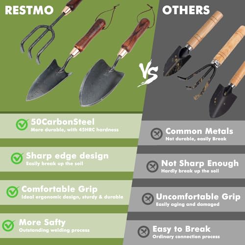 RESTMO Gardening Tools Bundle: Heavy Duty Gardening Tools Kit & Gardening Hand Fork, Premium Carbon Steel Garden Hand Tools with Ergonomic Wooden Handle