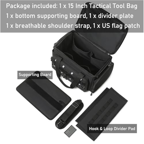 15-Inch Tool Bag, Multi-Purpose Tactical Work Tote & Range Organizer with Shoulder Strap, for Electricians, Handymen, Carpenters & Shooting Range Use (Black) Black