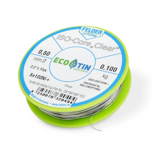 Galunoptimal Solder Tin ISO Core Soldering Wire Clear Sn100Ni+ Sn99.3CuNiGe 0.5 mm on 100 g Spool Made by Felder GmbH in Germany
