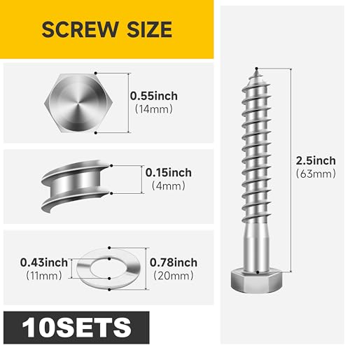 Mywish (10Sets) 3/8" x 2-1/2" & (10Sets) 3/8" x 4" Hex Head Lag Bolts, Heavy Duty Lag Screws with Washers, 304 Stainless Steel Bolts 18-8, Lag Screws Wood Screws, 3/8 Bolt
