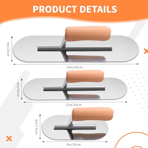 Lasnten 3 Piece Pool Trowel, Stainless Steel Finishing Masonry Trowel Set Includes 14" x 4", 12" x 4", 8" x 3", Lightweight Wooden Handle, for Drywall Concrete Cement Plastering Tool(Round Head) Round Head