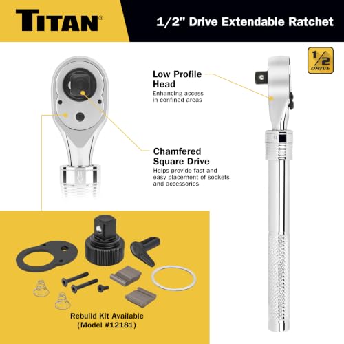 Titan 12182 1/2-Inch Drive x 12-1/4-Inch to 17-3/4-Inch 72-Tooth Extendable Ratchet Knurled Handle