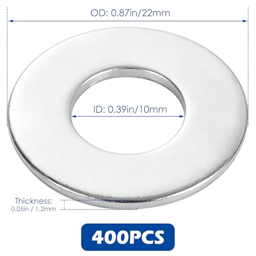 400 pieces Flat Washers, zinc plated carbon steel, 10 mm ID x 21 mm OD x 1.2 mm thick / 0.39 in ID x 0.83 in OD x 0.05 in thick, Metal Fender Washers for Screws, Bolts, Furniture Repair, Hardw