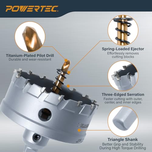 POWERTEC Tungsten Carbide Hole Saws for Soft & Hard Metal | 3" & 4" | Tungsten Carbide Tipped Hole Cutter Set with Titanium-Plated Pilot Drill Bit for Metal, Stainless Steel, Iron, Wood - 2PK (14913) 2PK Carbide Hole Saw Set (3", 4")