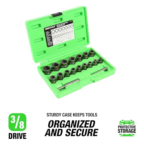 OEMTOOLS 23700 18Pc CrMo Impact Nut and Bolt Extractor Kit, Extractor Set Removes Stripped and Damaged Fasteners, 3/8” Drive Bolt Extractor Set, Impact Wrench Compatible