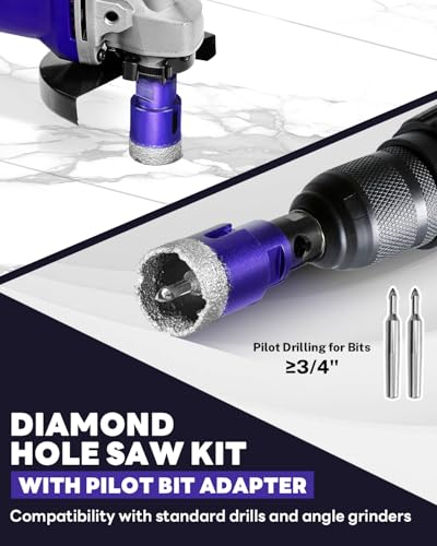 9 PCS Diamond Hole Saw Kit with Pilot Bit Adapter, 1/4" - 1 3/8" Thickened Diamond Core Drill Bit Set, Includes Tile Shaping Rod, for Porcelain, Ceramic, Granite, Marble, Stone 9 PCS-1/4",3/8",1/2",3/4",1-3/8"