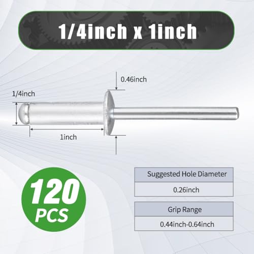 120pcs 1/4"x1" Aluminum Blind Rivets, 6.4x24mm Pop Rivets 1/4"x1"
