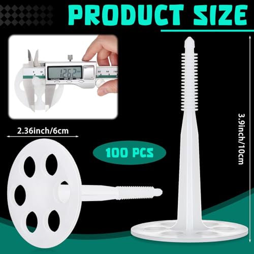 Wonderjune 100 Pcs 4" Plastic Insulation Masonry Fasteners 2.4" Washers Heavy Duty Plastic Concrete Anchors Pins Rigid Foam Board Insulation Fasteners for Concrete, Brick, Masonry Walls