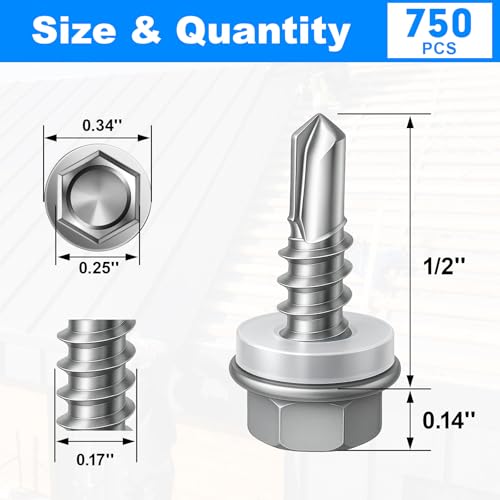 750Pcs Self Tapping Screws, Sheet Metal Screws #8x1/2 #8 x 1/2" 750