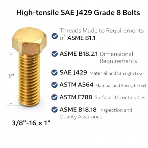 3/8"-16 x 1 Grade 8 Bolts (50-Pack) – Heavy-Duty Hex Bolts – High-Strength SAE 1.0" Coarse Bolts for Automotive, Machinery & Construction 3/8"-16 x 1" Bolt Only 50