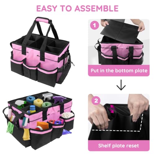 ZKOO Large Cleaning Caddy Bag with Handle, Built-in Sturdy Support Board, Adjustable Shoulder Strap, Multi-compartment Design Cleaning Supply Tote for Cleaners & Housekeepers (Pink) Pink