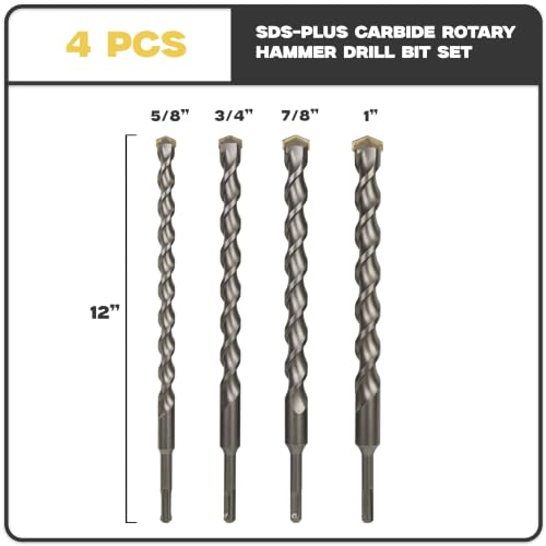 4-Piece 12 Inch SDS Plus Drill Bit Set, Carbide Tipped, Rotary Hammer Drill Bits for Brick, Stone, Concrete (5/8" x 12", 3/4" x 12", 7/8" x 12", 1" x 12")