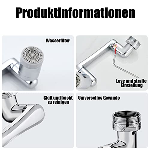 1080 Degree Rotating Multifunctional Extension Tap, Yrakozin Tap Attachment with 2-Way Adjustable Aerator for Kitchen Bathroom, 1440° Tap Extension with Aerators - Silver Messing + Silikon