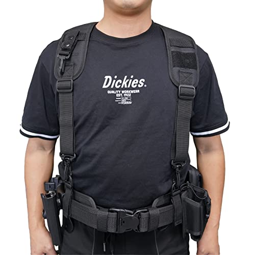 MELOTOUGH Tactical Duty Belt Harness Padded Adjustable Tool Belt Suspenders with Key Chin and Patch, Black(Large) + Quick Release Tool Belt 1.5 Inch Web Work Tool Belt for Tool Pouch, Construction