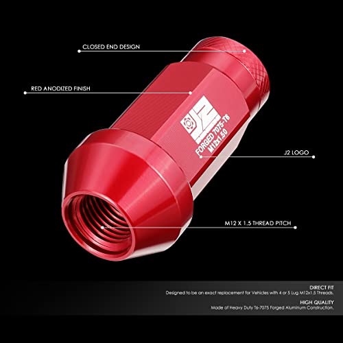 J2 Engineering J2-LN-T7-037-15-RD M12 x 1.5 T6-7075 Aluminum Closed End Lug Nuts w/Deep Drive Extension Adapter,Red, 24mm x 50mm