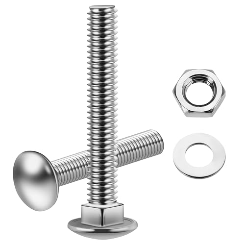 Mywish (10Sets) 3/8" x 3" Hex Head Lag Bolts & (6 Sets) 3/8-16 x 2-1/2 Carriage Bolts Screws Round Head Square Neck and Hex Nuts & Flat Washers, Full Threaded 304 Stainless Steel Bright Finish