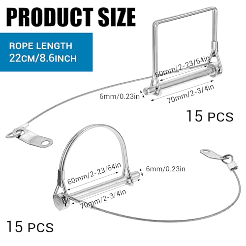 30 Pcs Trailer Coupler Pin Set with Anti-Loss Cables, 2-3/4" x 1/4" (L x W) Zinc-Plated Iron Locking Pins for Hitch in Square & D-Ring Shapes, Heavy Duty Hardware Pins for Towing & Farm