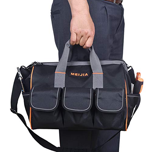 MEIJIA Heavy Duty Waterproof Tool Bag,14-Inch Wide Mouth Canvas Tool Organizer With Adjustable Shoulder Strap 14" Deluxe