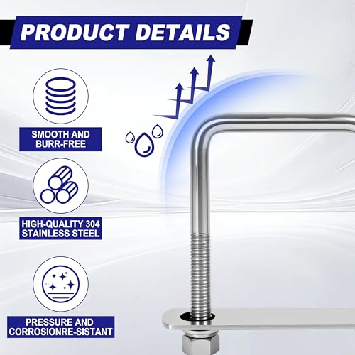 4 Sets M12 Square U Bolts 3 Inch Wide, 1/2" x 3-1/16" W x 4-1/2"L M12 x 3-1/16"W x 4-1/2"L
