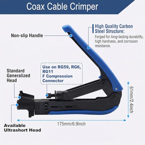 Professional Coax Cable Crimper Kit with Wire Stripper & RG6 Compression Connectors – Adjustable Coax Crimper Tool Set for TV, Satellite & Home Network Coaxial Cable Connector Installations