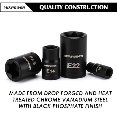MIXPOWER 32PCS Torx Bit Socket Set, 14 Star Bits (T8-T70)& 13 E-Torx Sockets (E4-E24), CR-V & S2 Alloy Steel T8-T70,E4-E24(32PCS)