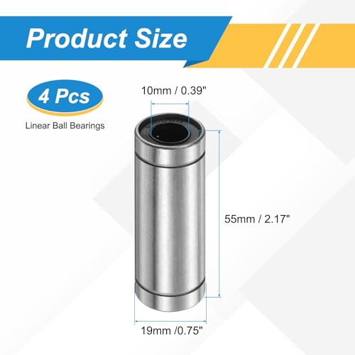 sourcing map 4Pcs LM10LUU Linear Ball Bearings, 10mm Bore Dia, 19mm OD, 55mm Length Double Side Rubber Seal Linear Motion Bearing for 3D Printer CNC Machine Applications, ABEC3 10mm x 19mm x 55mm 4